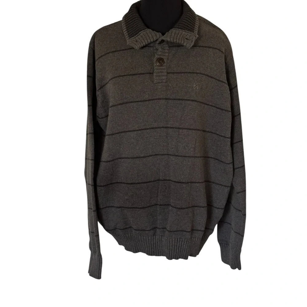 Izod Men's Charcoal Striped Sweater Preppy, Cozy, Button Collard SZ L